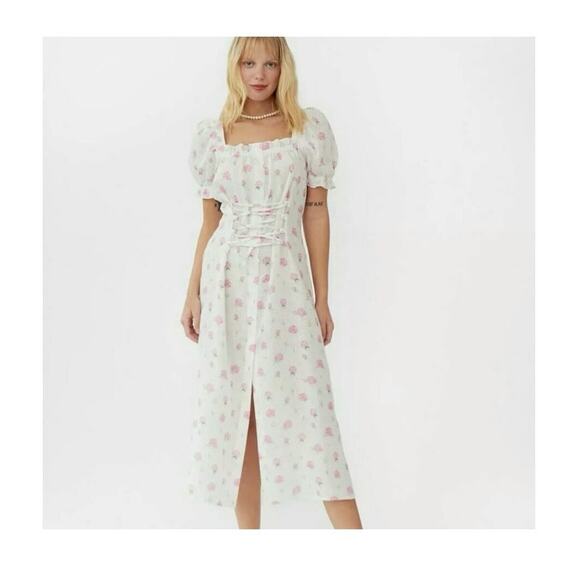 SLEEPER MARQUISE LINEN Midi DRESS IN ROSES Small Corset Lace Up Slit - Picture 2 of 10